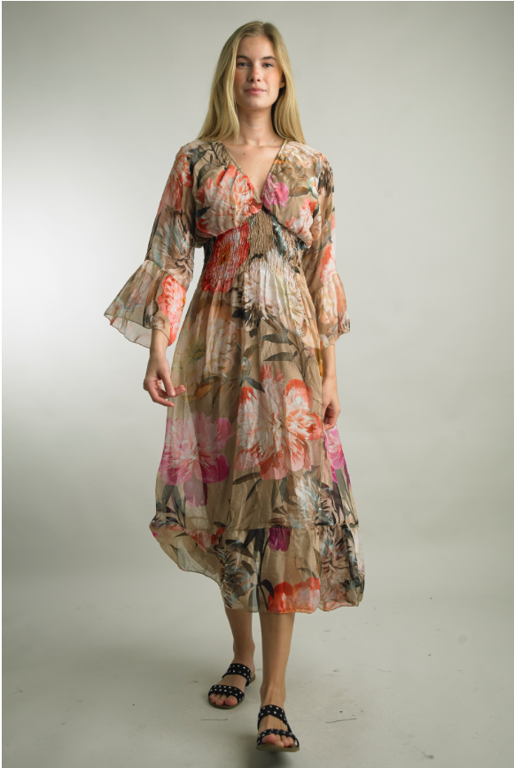 Green Smock Print Midi Dress