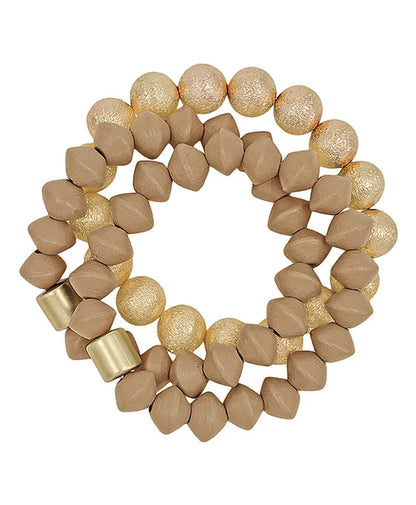 3 Set Wood & Satin Metal Ball Stretch Bracelet