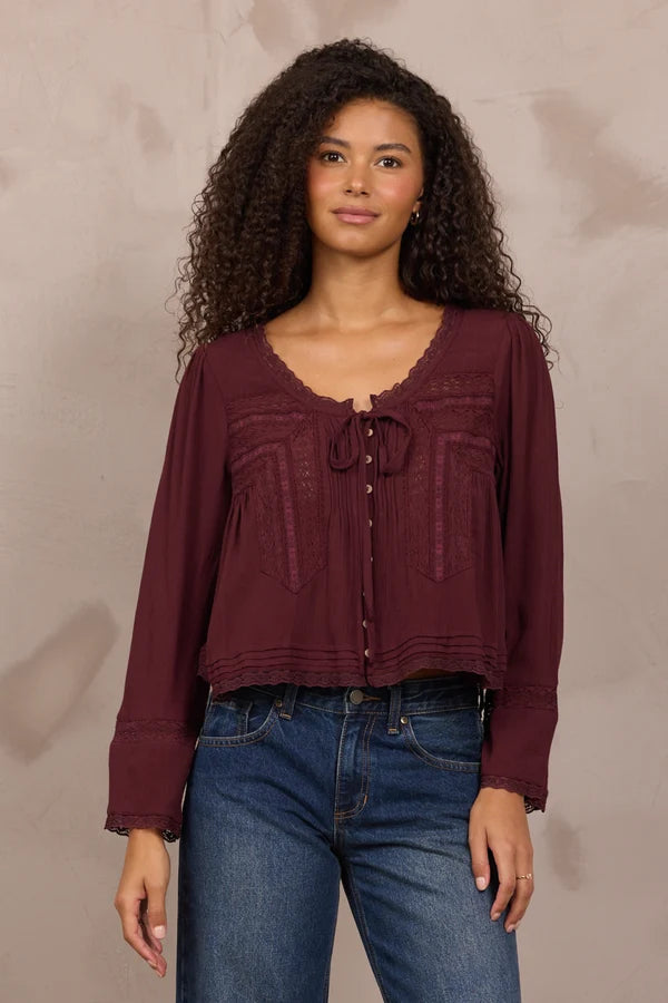 Wine L/S Top with Lace Detail