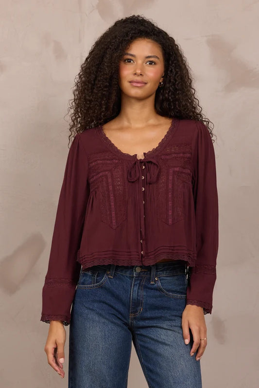 Wine L/S Top with Lace Detail