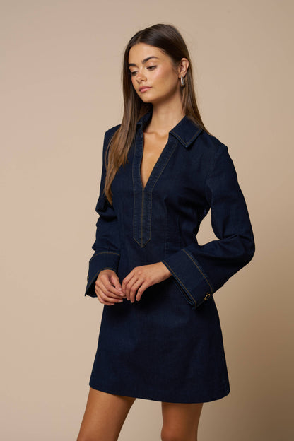 Collared Deep V-Neck Mini Dress