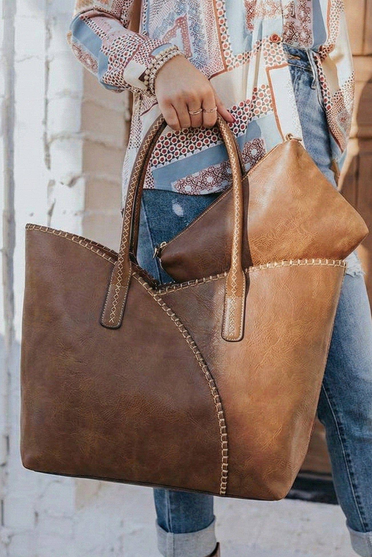 Stitch Trim Detail Shoulder/Tote Set Bag