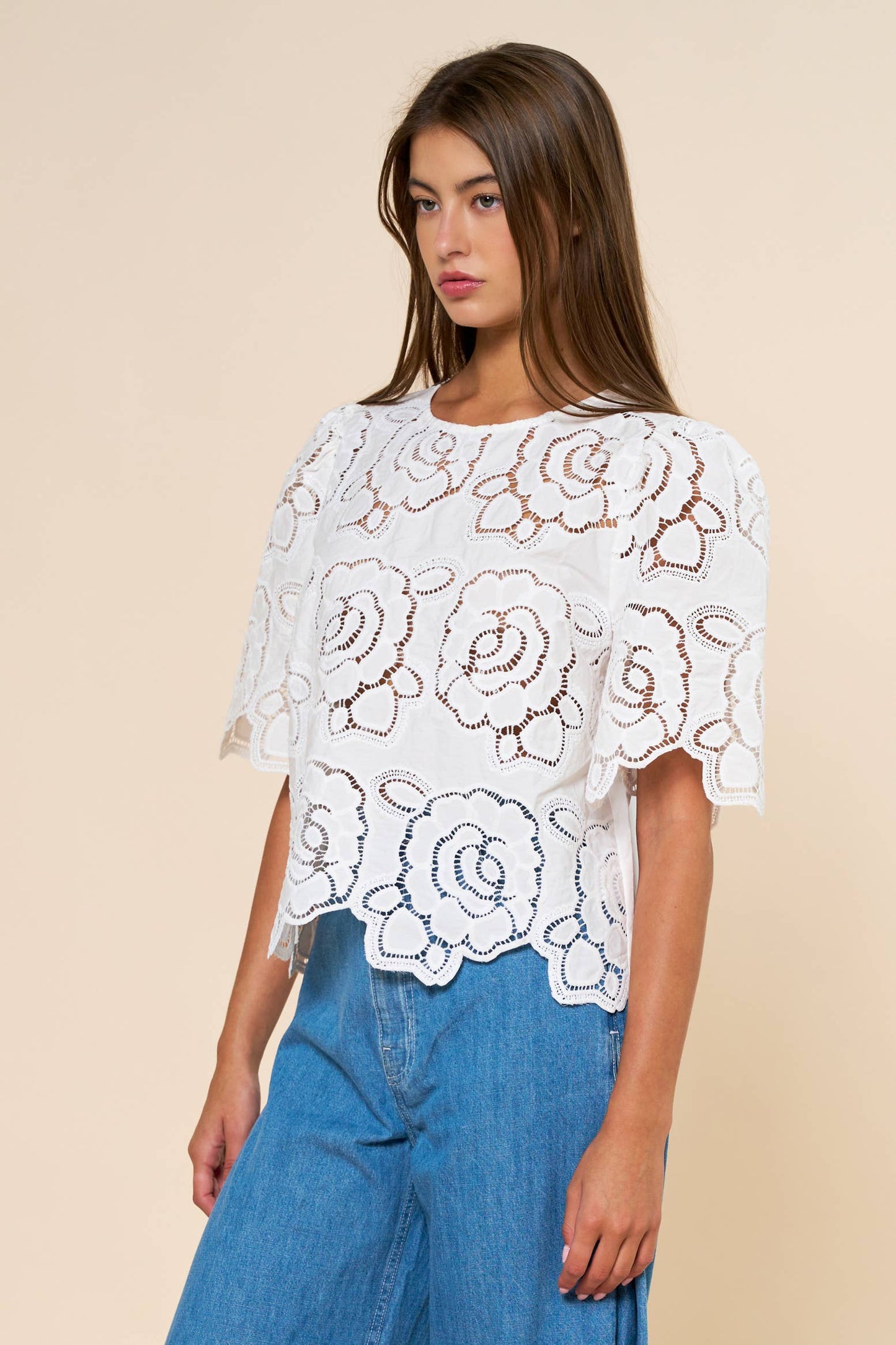 Floral Eyelet Short Bell Sleeve Top
