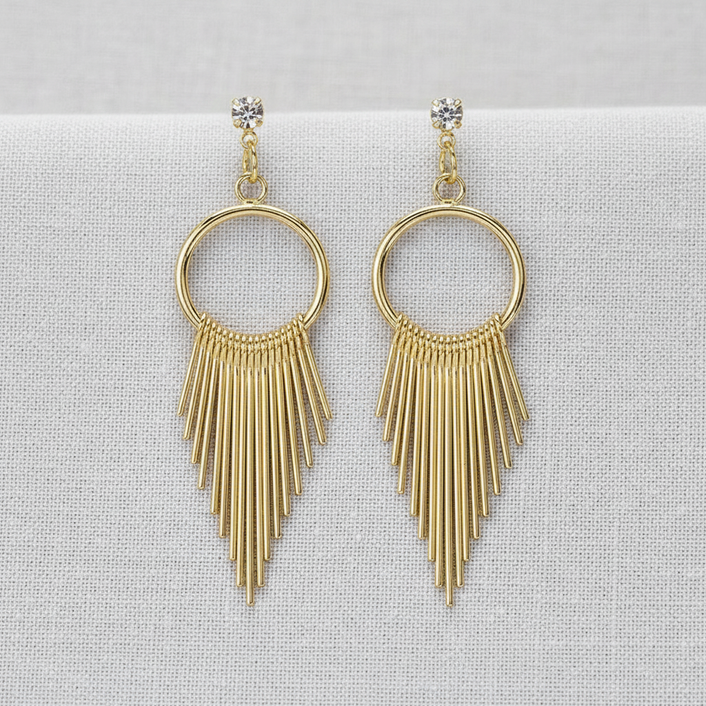 Geometric Metal Tassel Earrings with Rhinestones