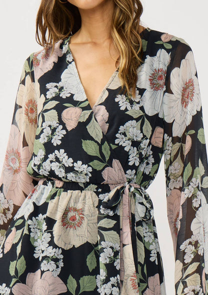 Floral Wrap Mini Dress with Bell Sleeves