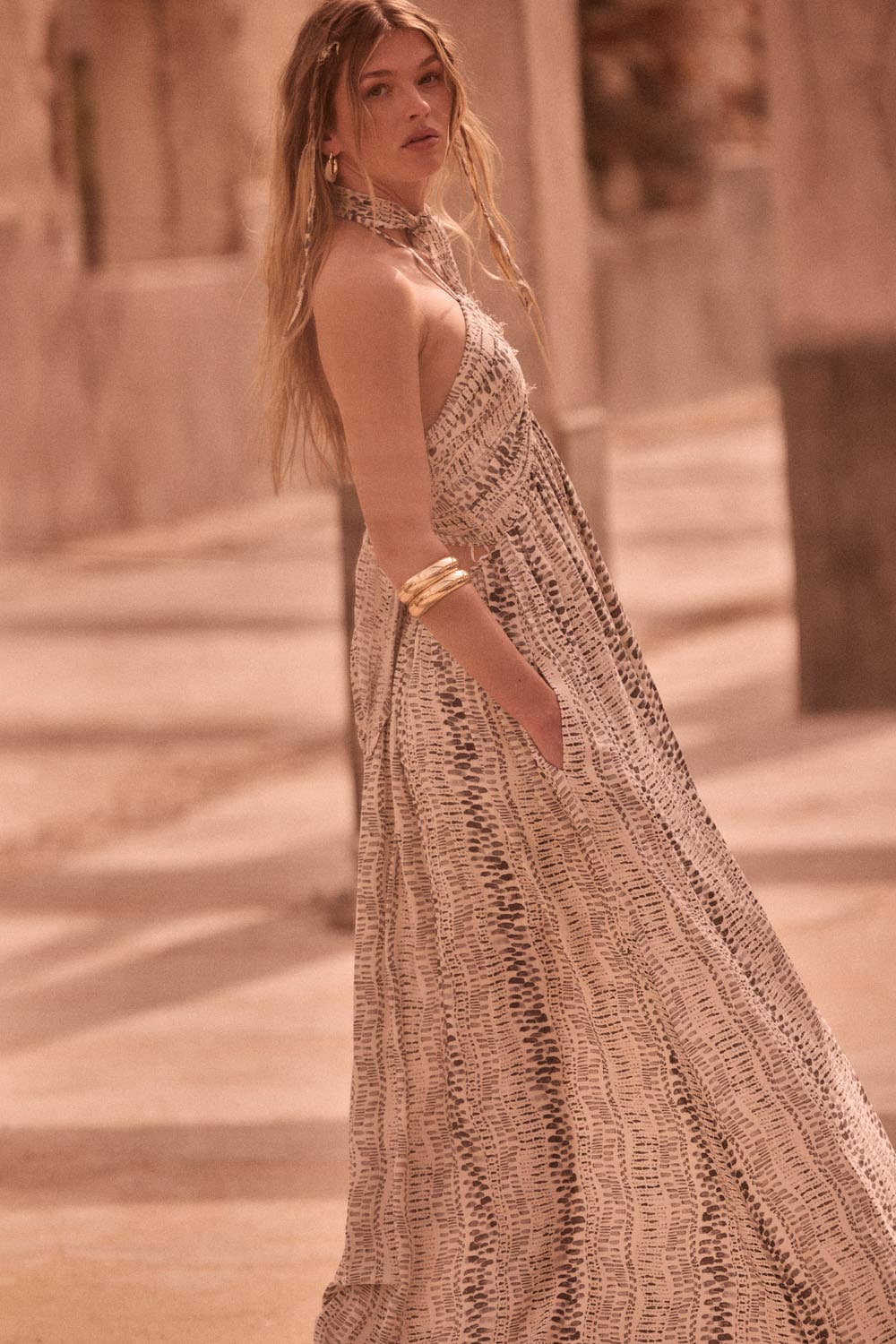 Abstract-Print Crepe High-Waist Tie-Back Halter Maxi Dress