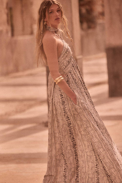 Abstract-Print Crepe High-Waist Tie-Back Halter Maxi Dress