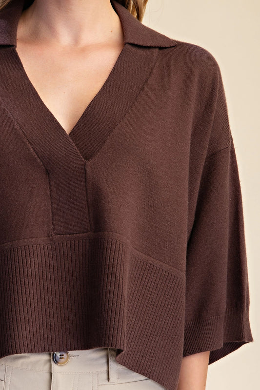 Collar V-Neck Dropped Shoulder Top