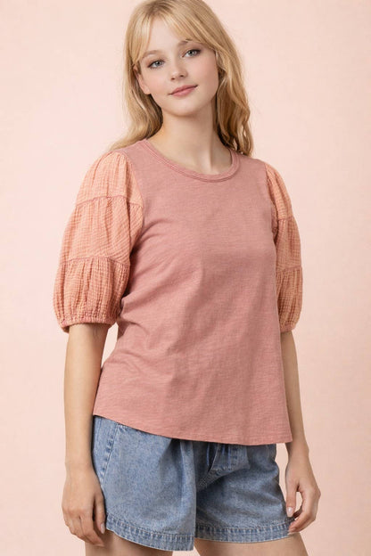 Mineral Washed Puff Sleeve Top