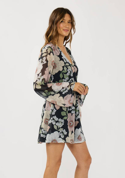 Floral Wrap Mini Dress with Bell Sleeves