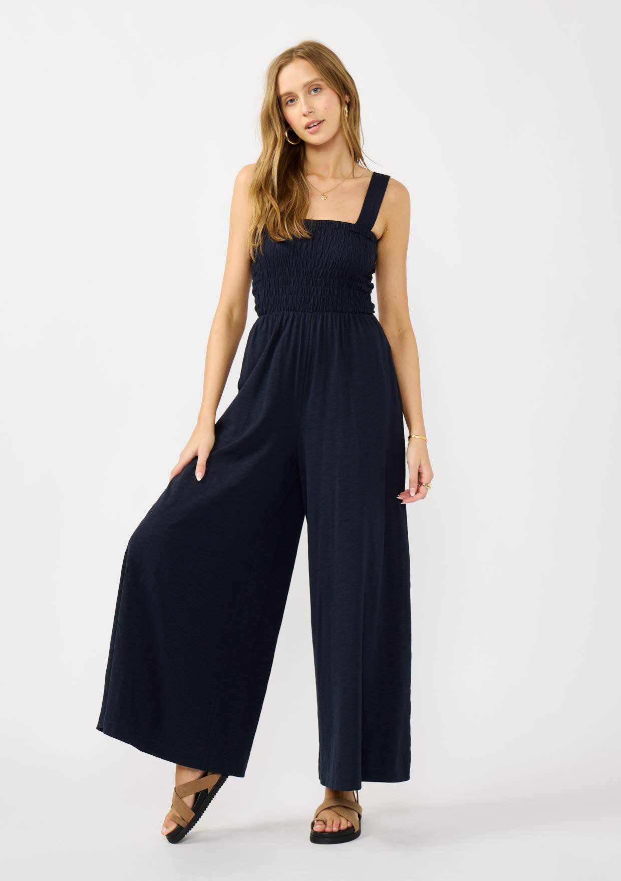 Leg Smocked Bodice Sleeveless Jumpsuit