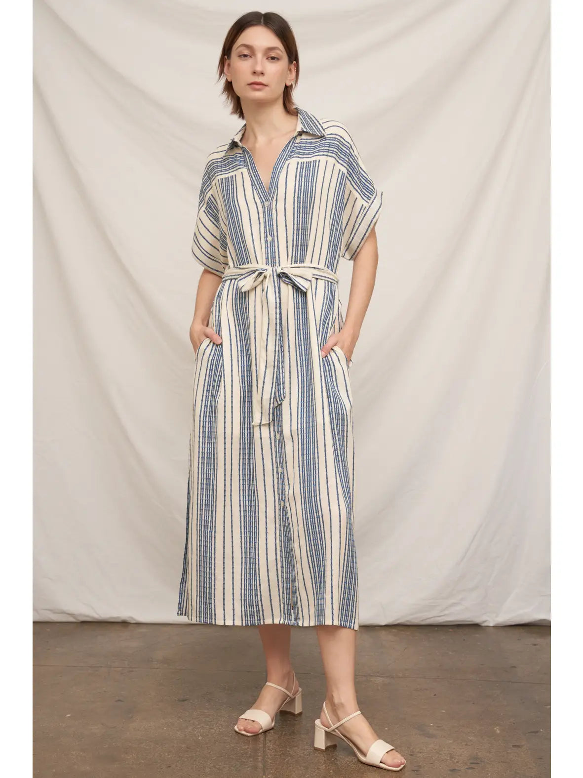 Striped Belted Shirt Midi Dress