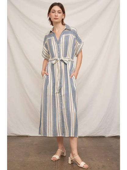 Striped Belted Shirt Midi Dress