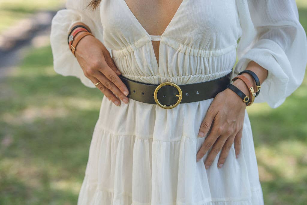 Wide Brass-Toned Circle Buckle Leather Belt