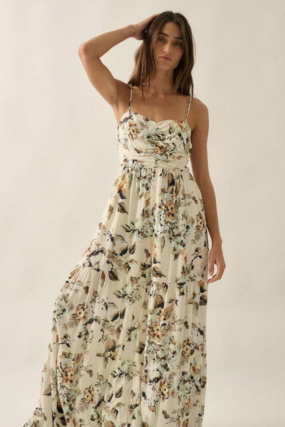 Floral Crepe Wide-Leg Tiered Ruffle Cami Jumpsuit