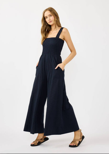 Leg Smocked Bodice Sleeveless Jumpsuit