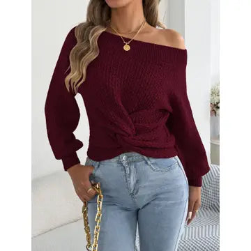 Off the Shoulder Twist Front Sweater
