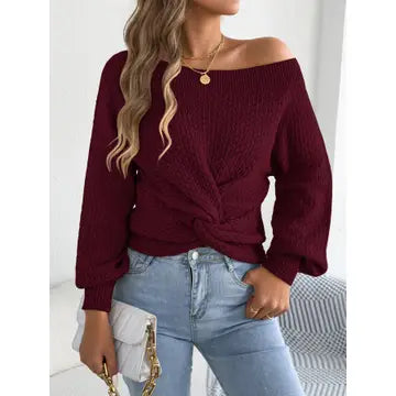 Off the Shoulder Twist Front Sweater