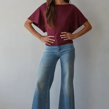 Boatneck Short Sleeve Top with Back Tie