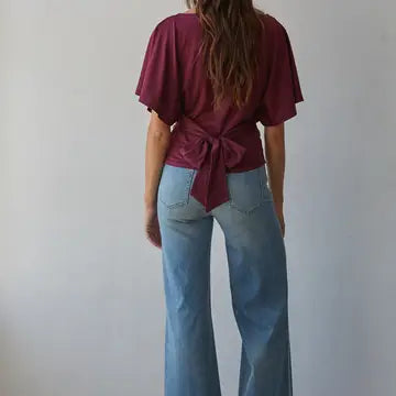 Boatneck Short Sleeve Top with Back Tie