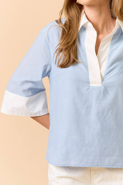 Color Block Half Sleeve Collared Top