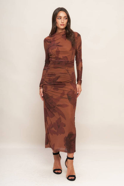 Printed power mesh midi dress