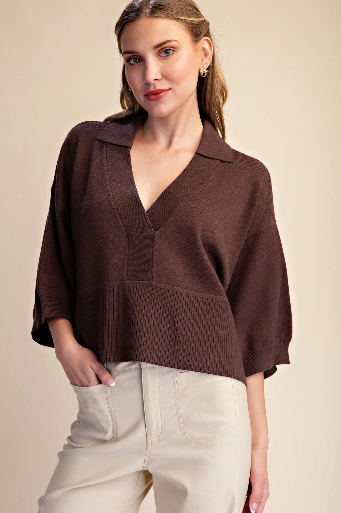 Collar V-Neck Dropped Shoulder Top