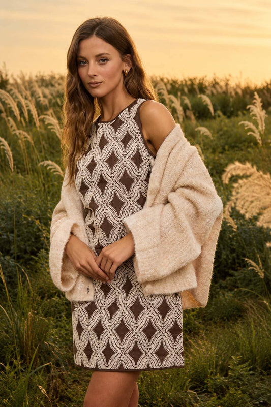 TEXTURED GEOMETRIC SLEEVELESS DRESS