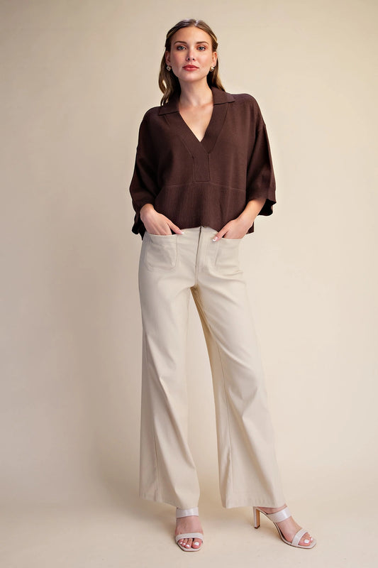 Collar V-Neck Dropped Shoulder Top