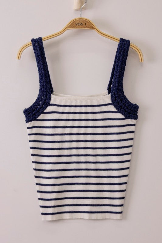 Crochet Sleeve Striped Knit Tank Top