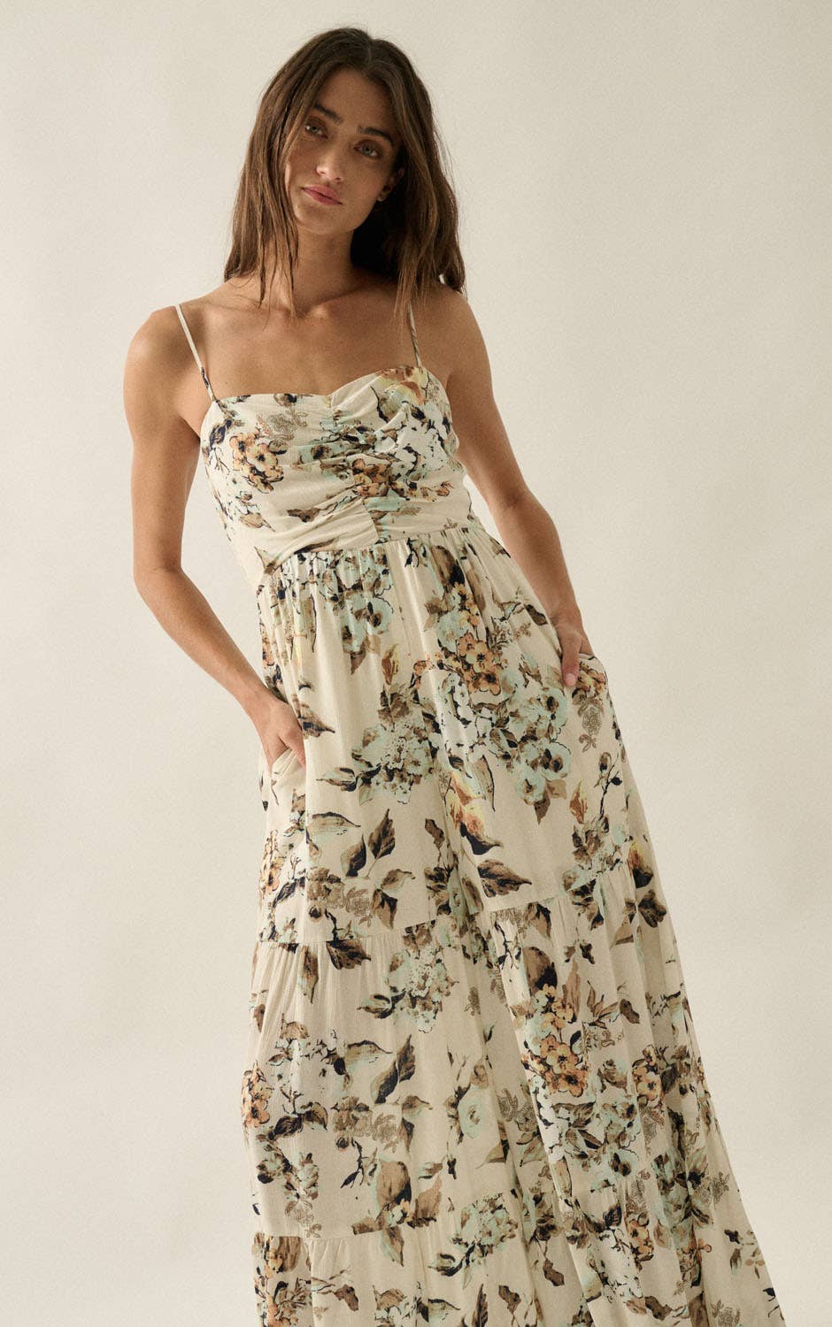 Floral Crepe Wide-Leg Tiered Ruffle Cami Jumpsuit