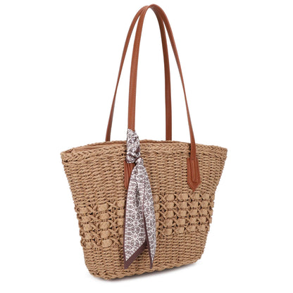 Penelope Straw Tote Bag With Scarf