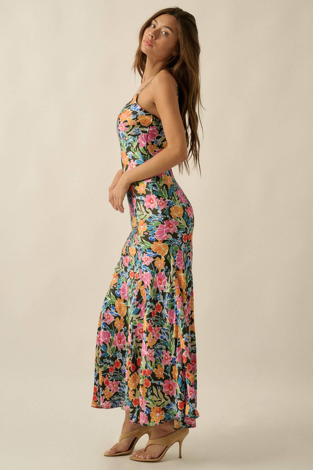 Floral-Print Satin Scoop-Neck Fitted Maxi Slip Dress