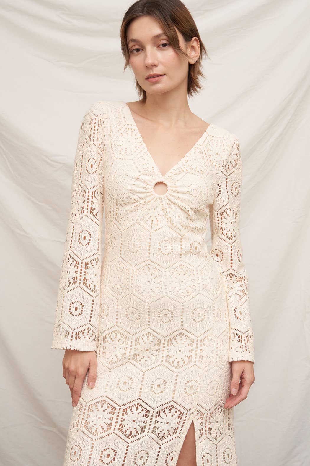 Long Sleeve Open-Back Crochet Maxi Dress