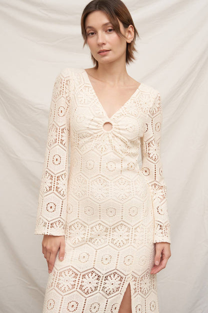 Long Sleeve Open-Back Crochet Maxi Dress