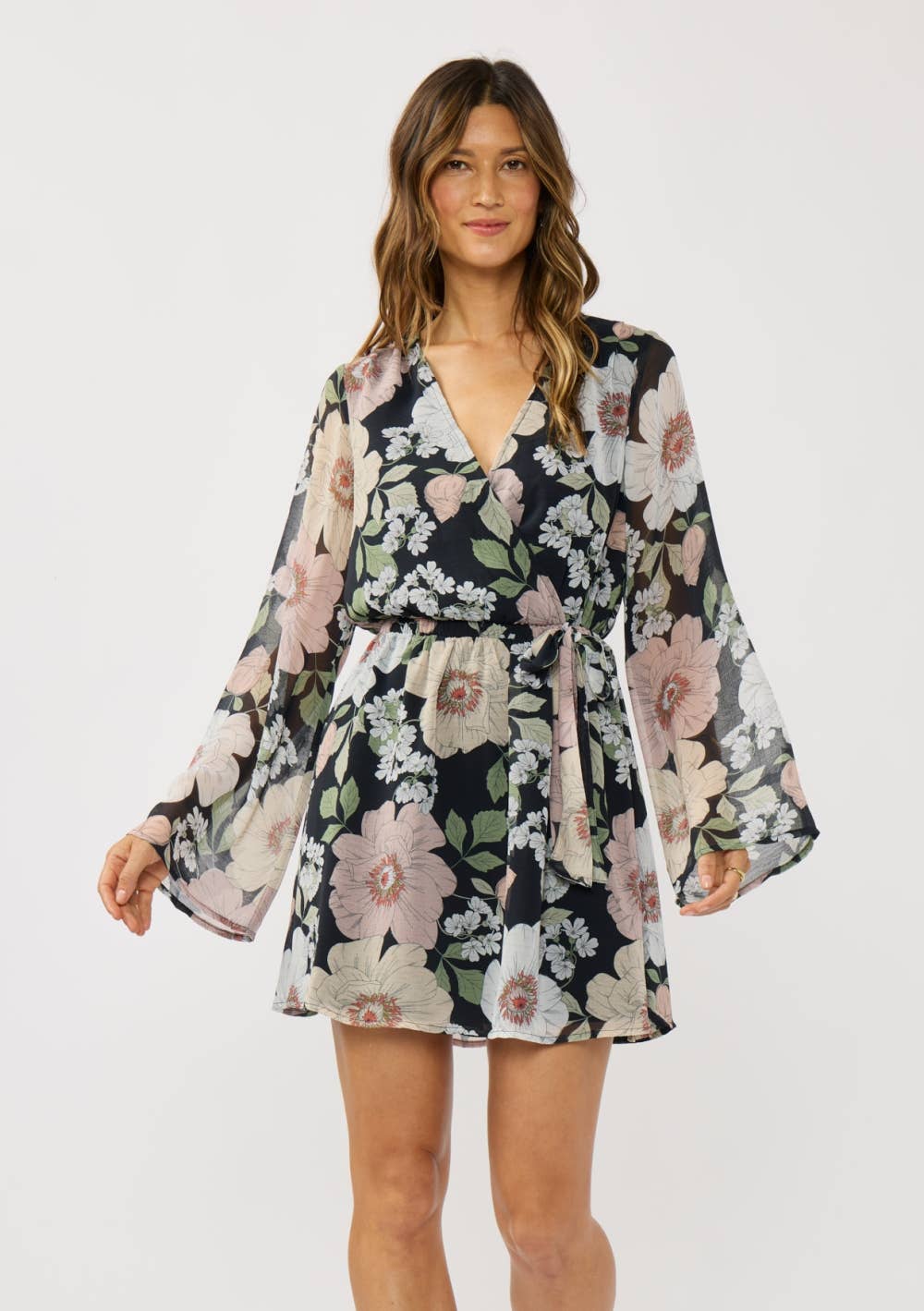 Floral Wrap Mini Dress with Bell Sleeves