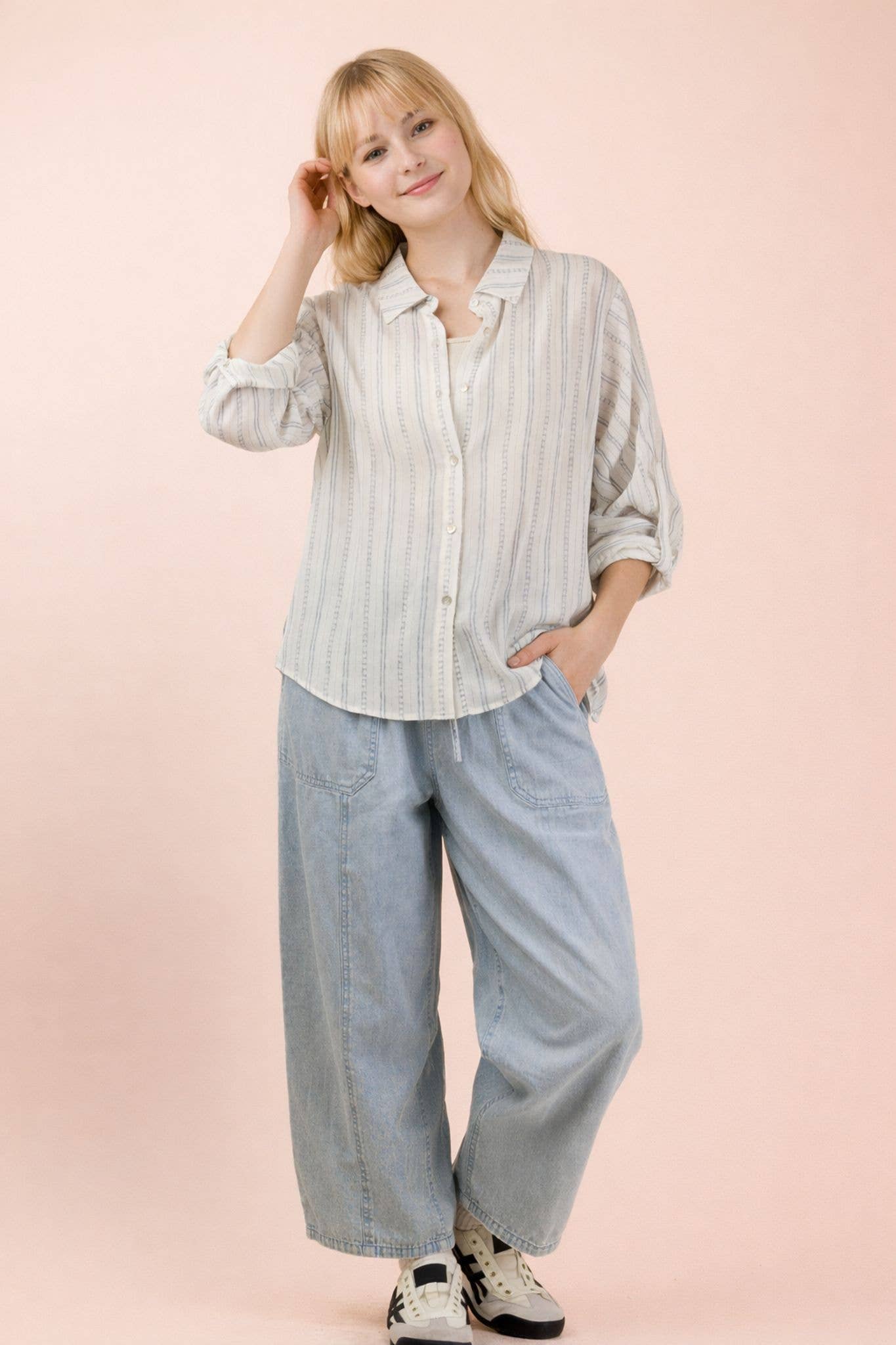 Roll up Half Sleeve Stripe Shirt Top