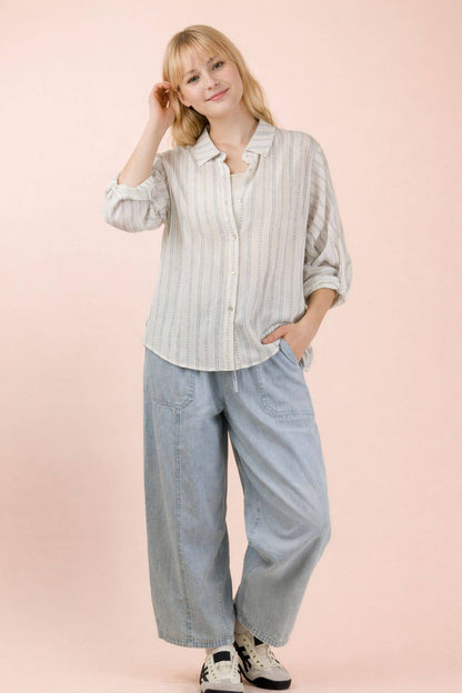 Roll up Half Sleeve Stripe Shirt Top