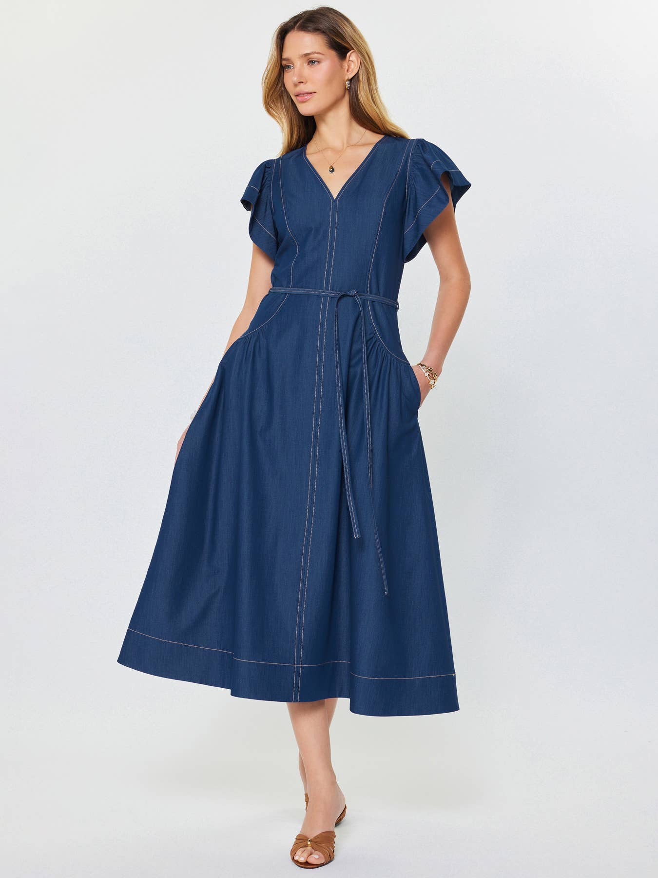 Denim Ruffled Sleeve V-neck Midi Dress