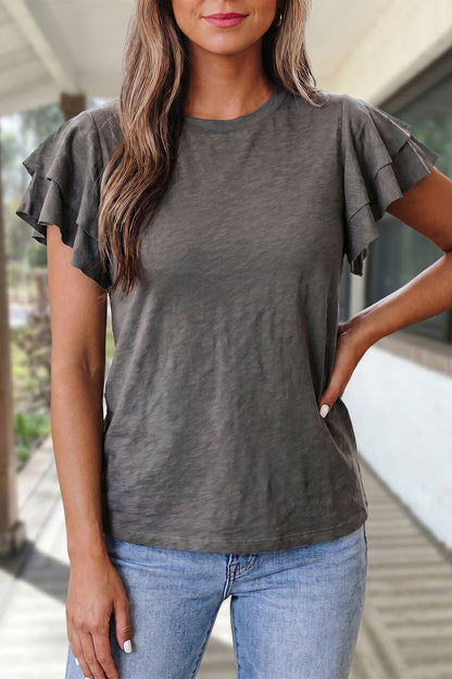 Solid Ruffle Short Sleeve Round Neck Top | S-XL