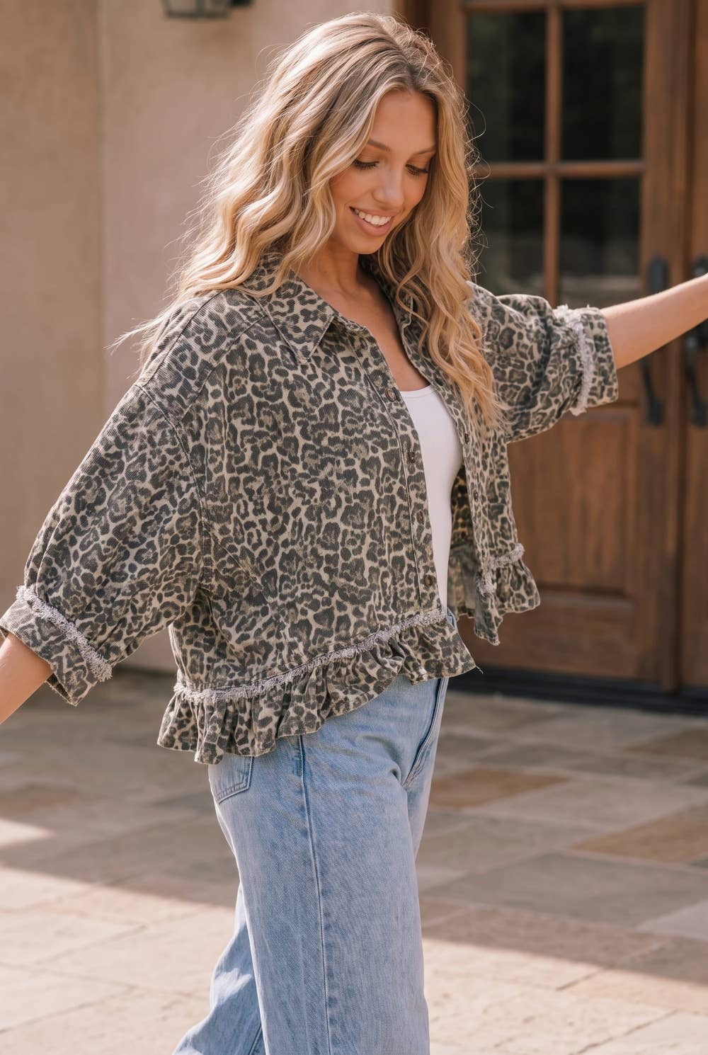 Leopard Print Ruffle Hem Jacket