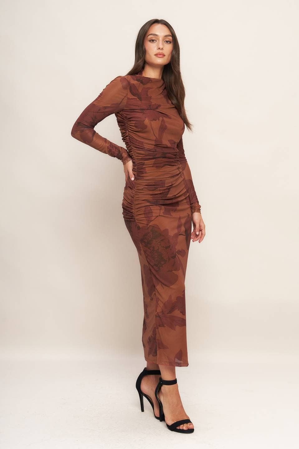 Printed power mesh midi dress