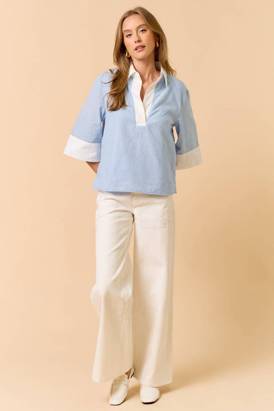 Color Block Half Sleeve Collared Top