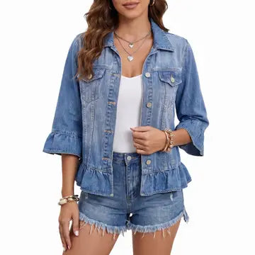 Ruffle Hem 3/4 Sleeve Denim Jacket