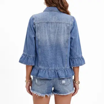 Ruffle Hem 3/4 Sleeve Denim Jacket