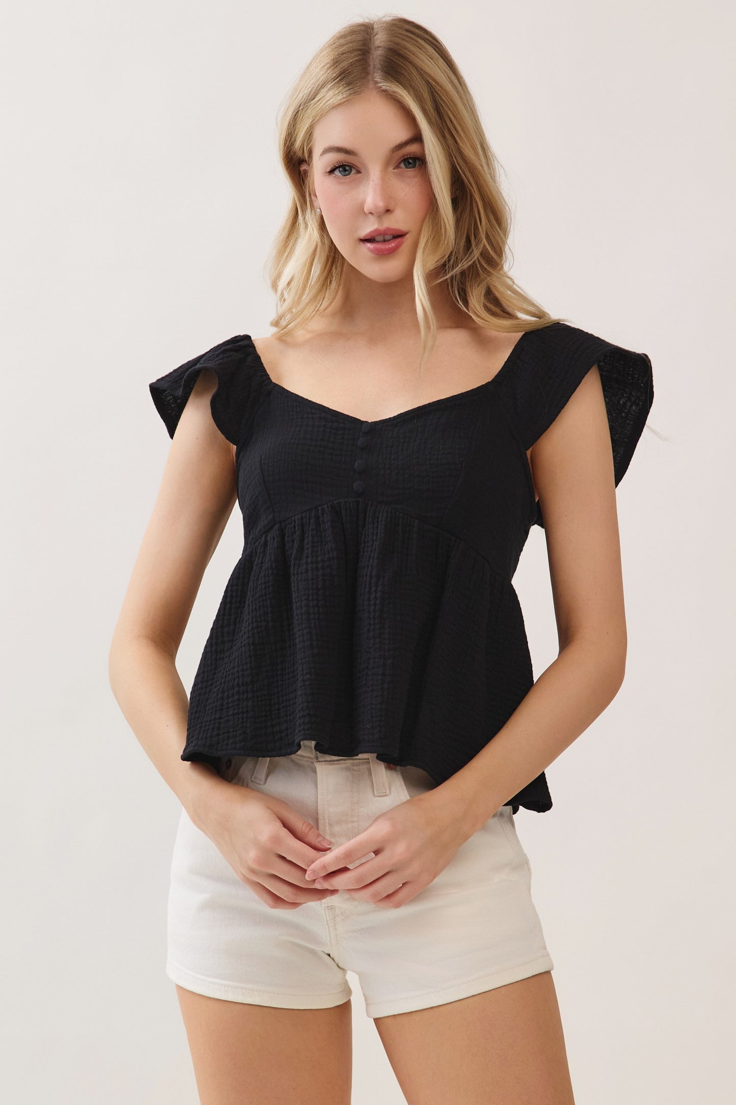 Double Gauze Sleeve Ruffled Babydoll Top