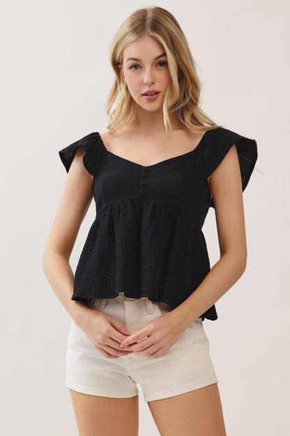 Double Gauze Sleeve Ruffled Babydoll Top