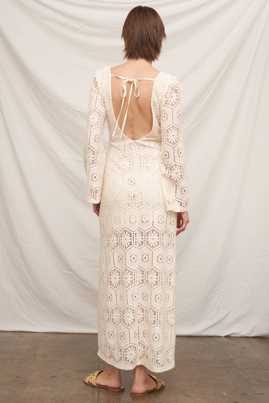 Long Sleeve Open-Back Crochet Maxi Dress