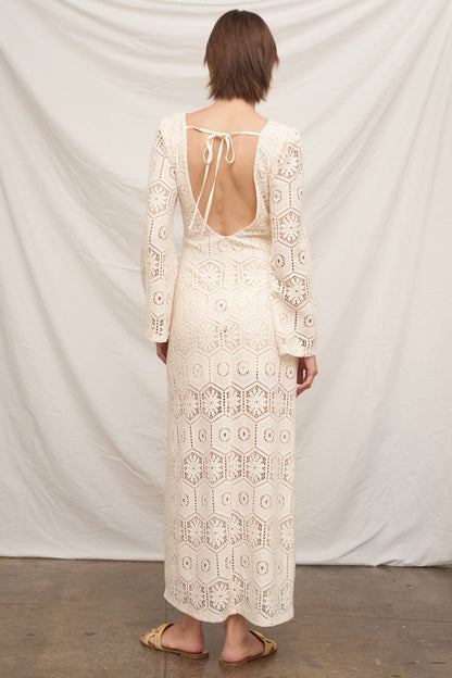 Long Sleeve Open-Back Crochet Maxi Dress