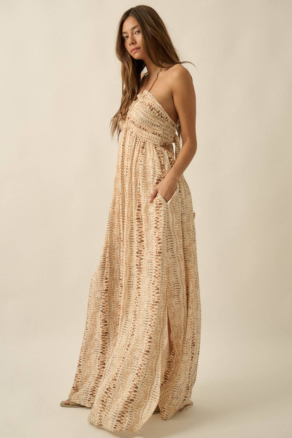 Abstract-Print Crepe High-Waist Tie-Back Halter Maxi Dress